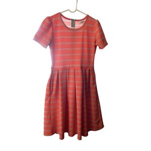 LuLaRoe Amelia Dress Womens Med Coral Pink Striped Short Sleeve Pockets Pleated